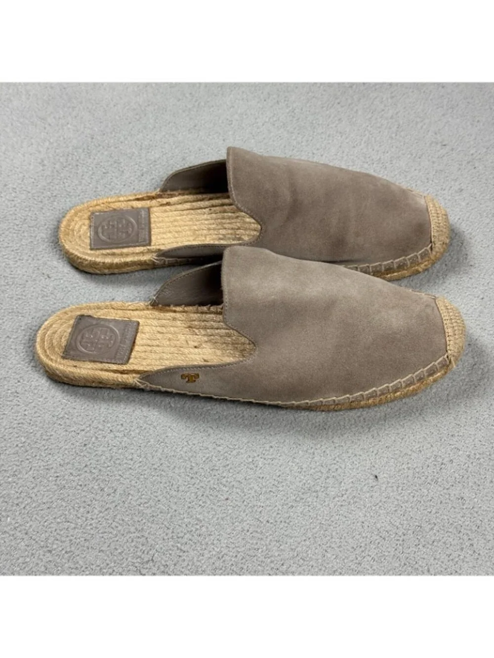 Tory Burch Suede Espadrille Mules Womens Size 8.5 M Taupe Slides Flat Slipper